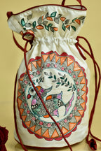 White Silk Handpainted Madhubani Potli
