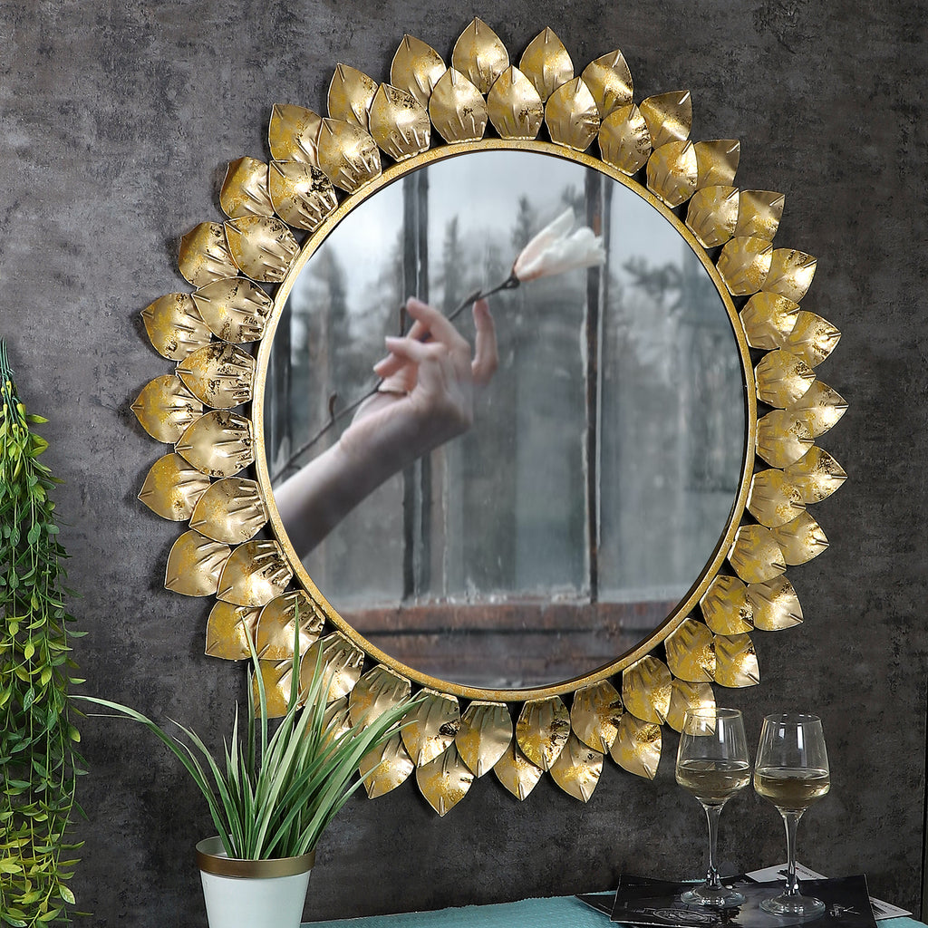 Amaya Decors Gold Foil Leaves Mirror (24x24x2 Inch)