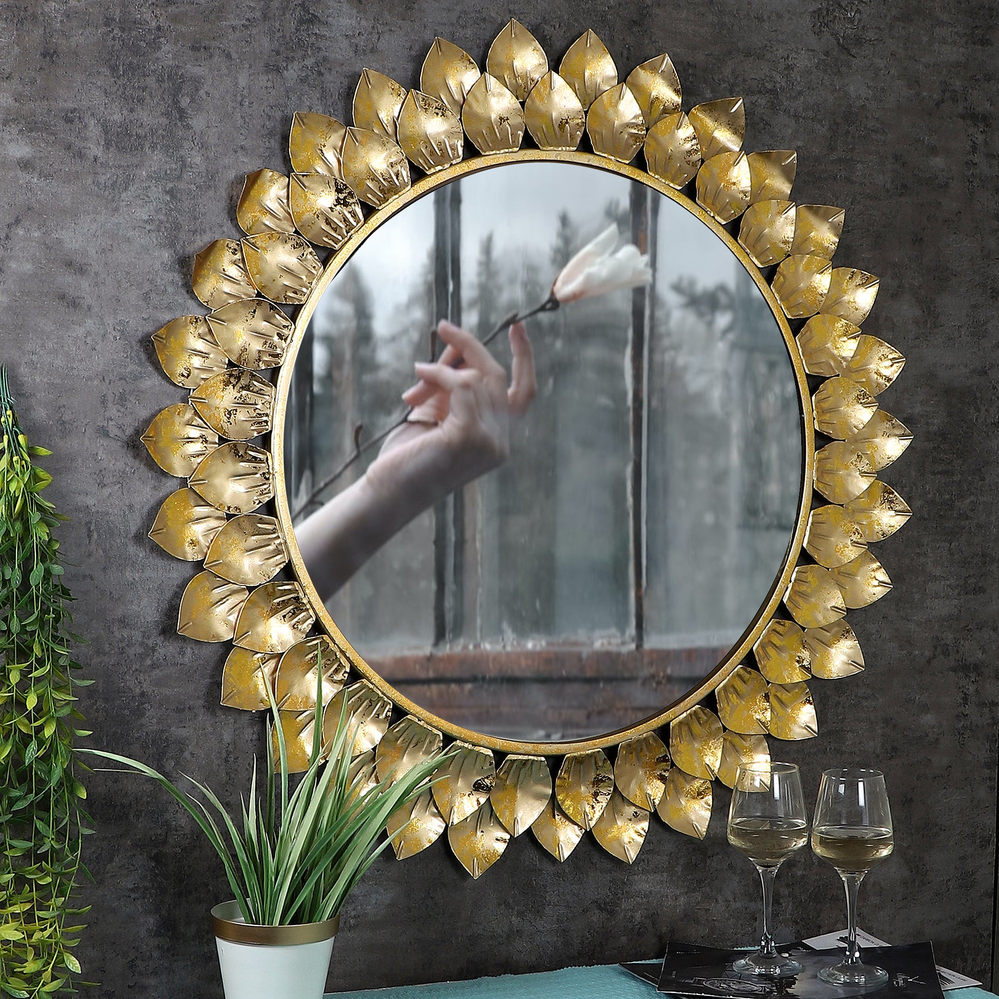 Amaya Decors Gold Foil Leaves Mirror (24x24x2 Inch)
