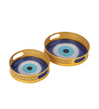 Amaya Decors Evil Eye Meena Tray Set of 2 | Gold | Iron with Powder Coating