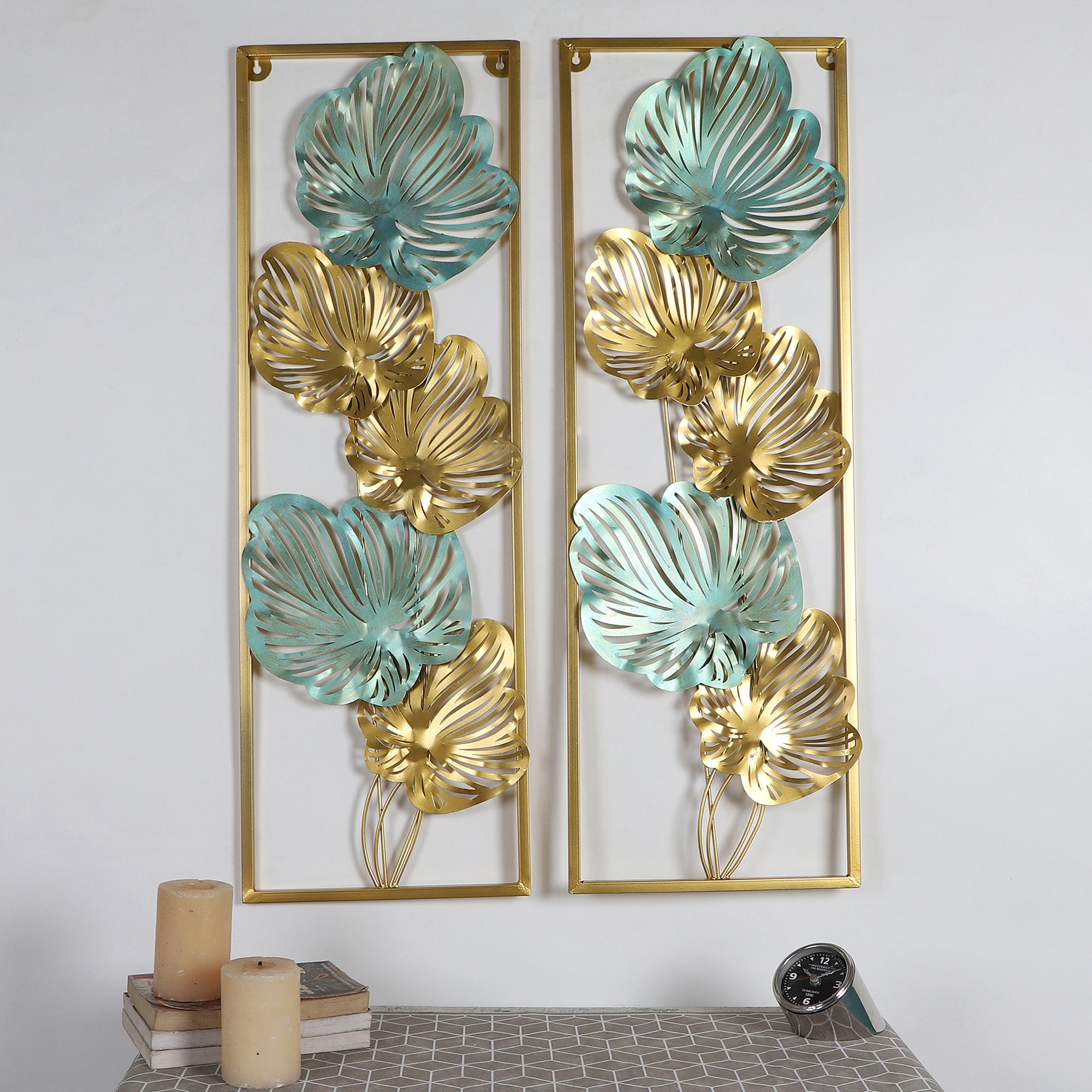 Amaya Decors Green & Gold Etchiing Leaves Rectangular Wall Décor Set of 2