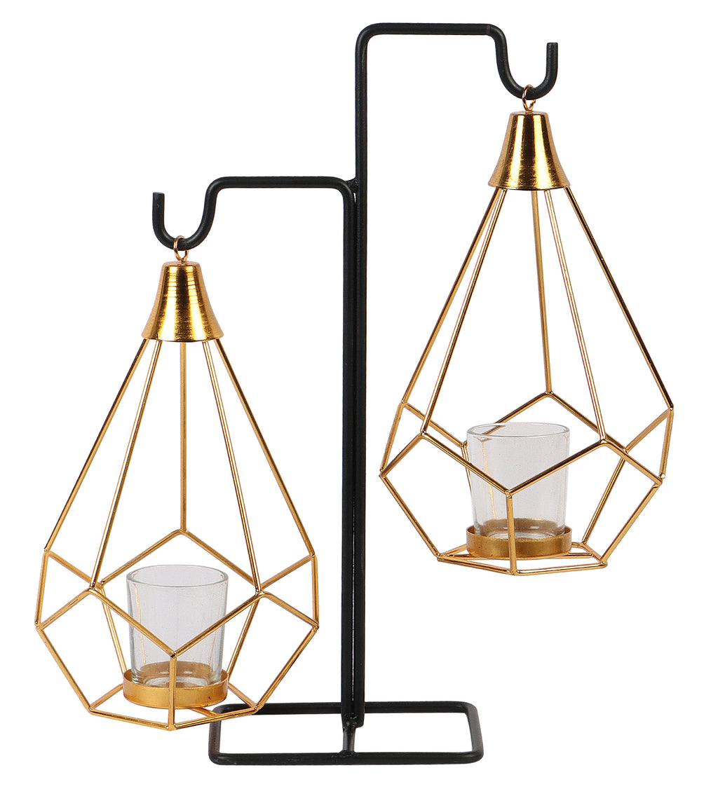 Amaya Decors Gold Double Diamond Pendulam Tealight Holder with Glass | Gold & Black | Iron with Powder Coating