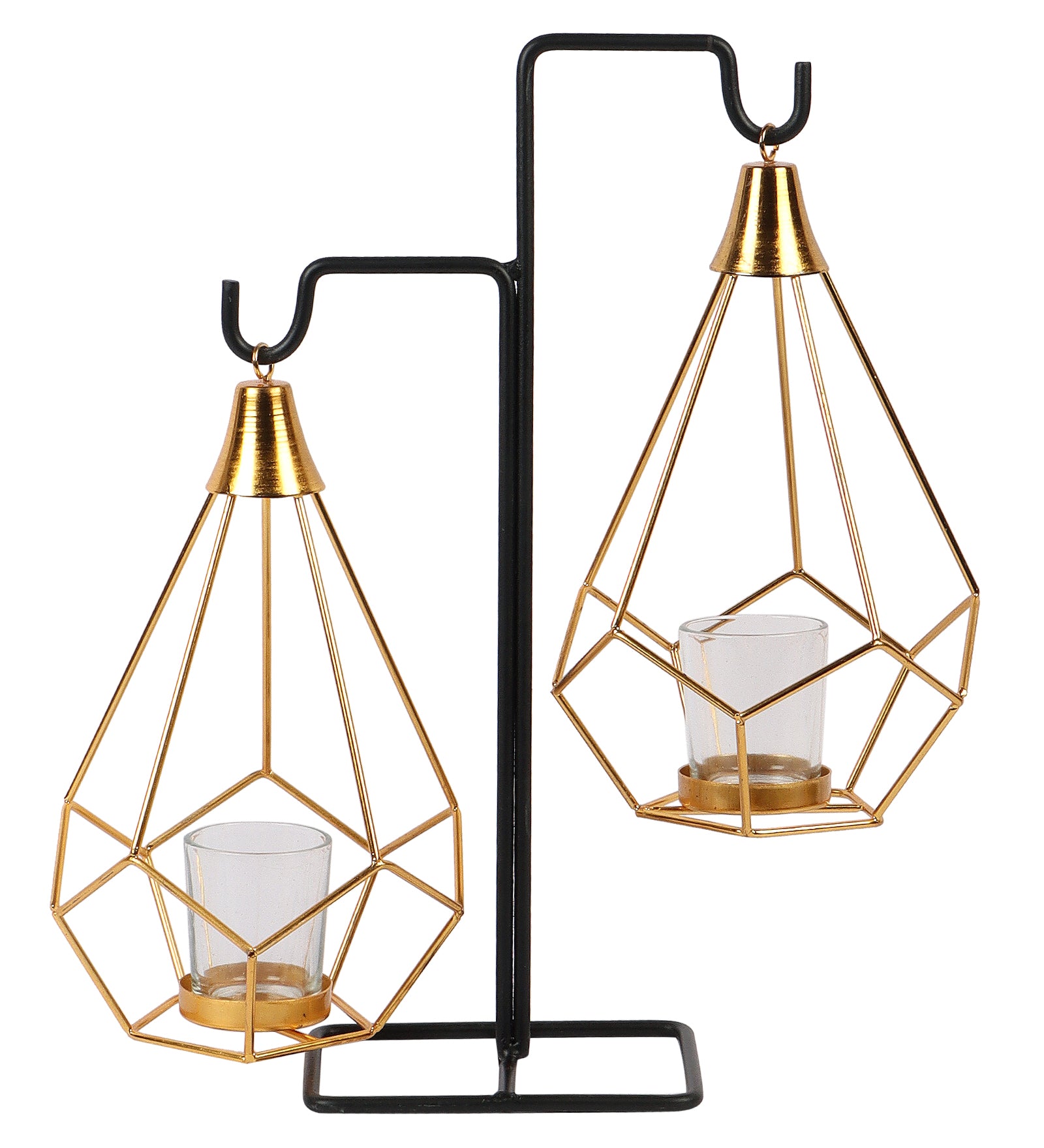 Amaya Decors Gold Double Diamond Pendulam Tealight Holder with Glass | Gold & Black | Iron with Powder Coating