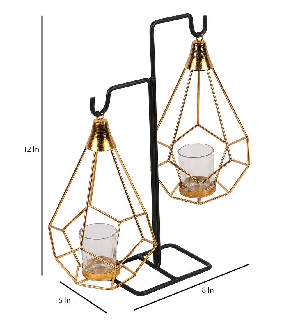 Amaya Decors Gold Double Diamond Pendulam Tealight Holder with Glass | Gold & Black | Iron with Powder Coating