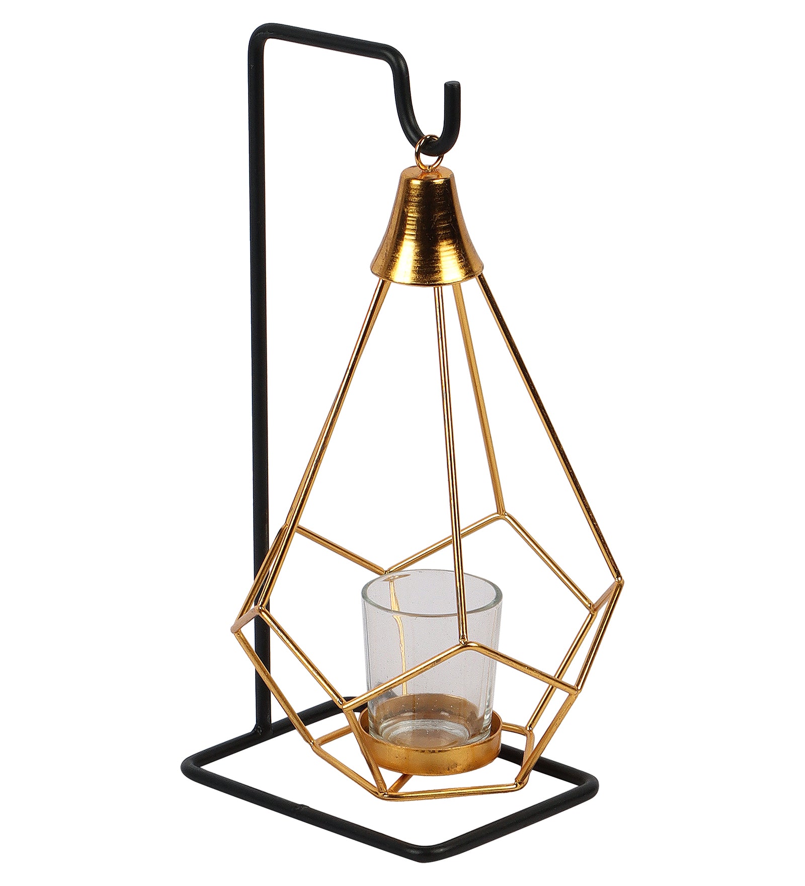 Amaya Decors Gold & Black Diamond Pendulam Tealight Holder with Glass | Gold & Black | Iron with Powder Coating
