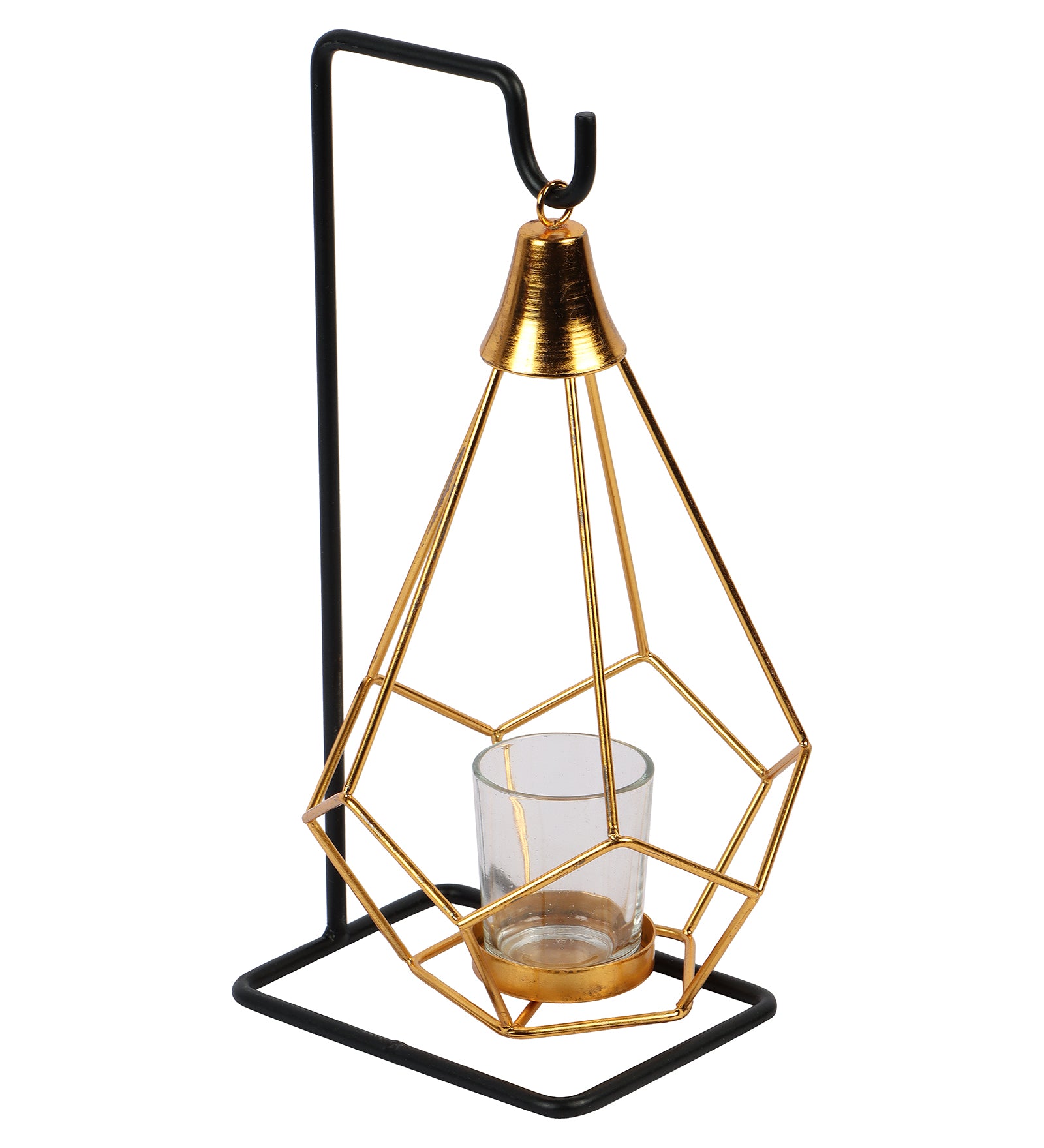 Amaya Decors Gold & Black Diamond Pendulam Tealight Holder with Glass | Gold & Black | Iron with Powder Coating