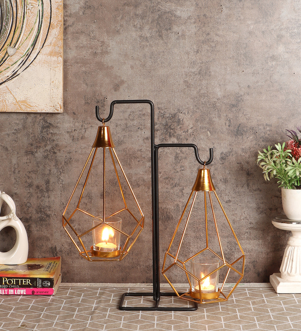 Amaya Decors Gold Double Diamond Pendulam Tealight Holder with Glass | Gold & Black | Iron with Powder Coating