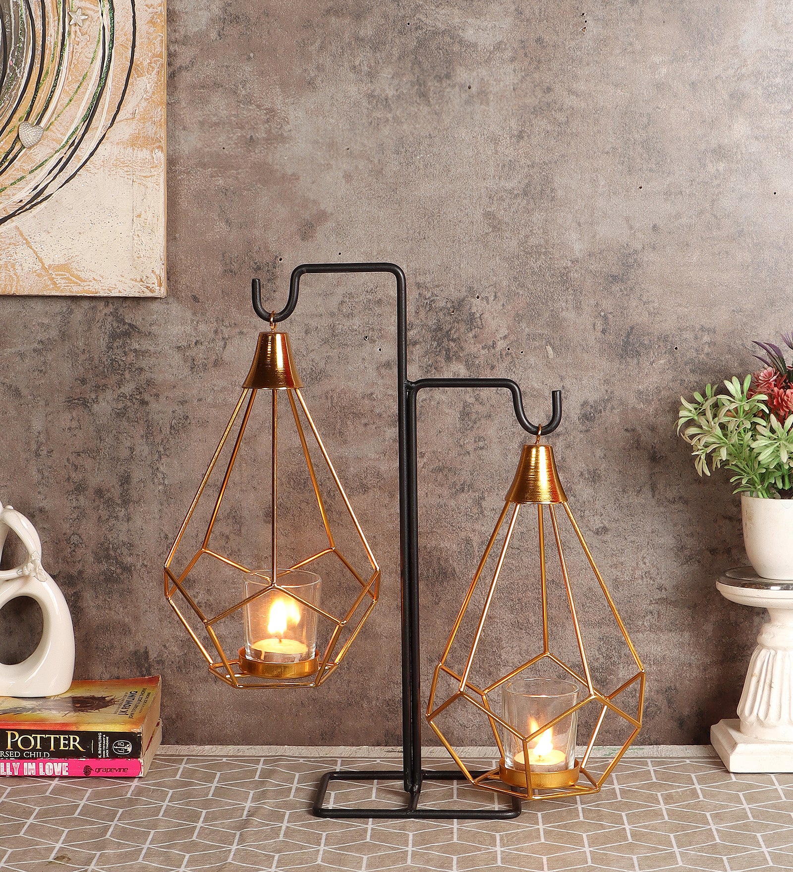 Amaya Decors Gold Double Diamond Pendulam Tealight Holder with Glass | Gold & Black | Iron with Powder Coating