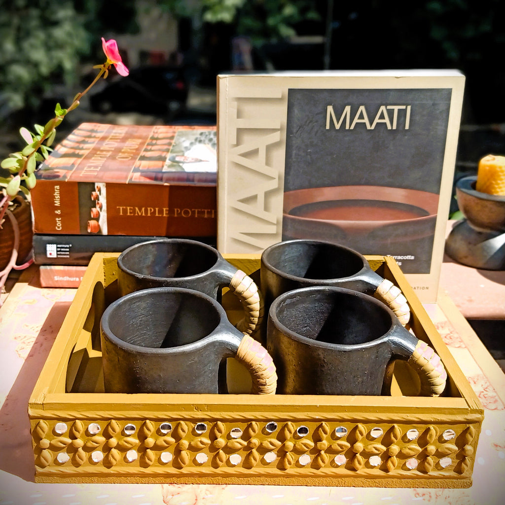 Pine Wood & MDF Lippan Mud & Mirror Work Caddy Yellow Ochre (L)