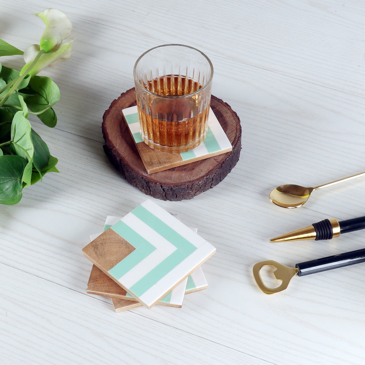 Amaya Decors Resin Green & White Stripes Coaster Set of 4