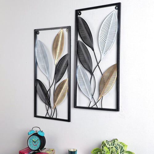 Amaya Decors Rectangular Black, Gold, Silver Leaves Wall Decor Set of 2