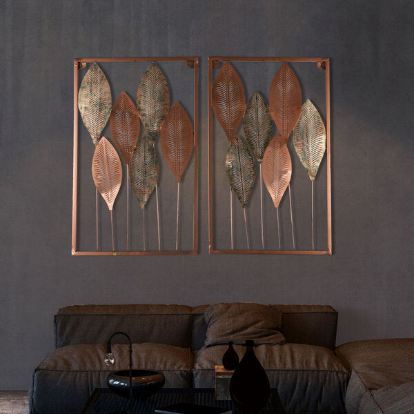 Amaya Decors Rectangular Copper & Green Etching Leaves Wall Décor Set of 2