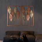 Amaya Decors Rectangular Copper & Green Etching Leaves Wall Décor Set of 2